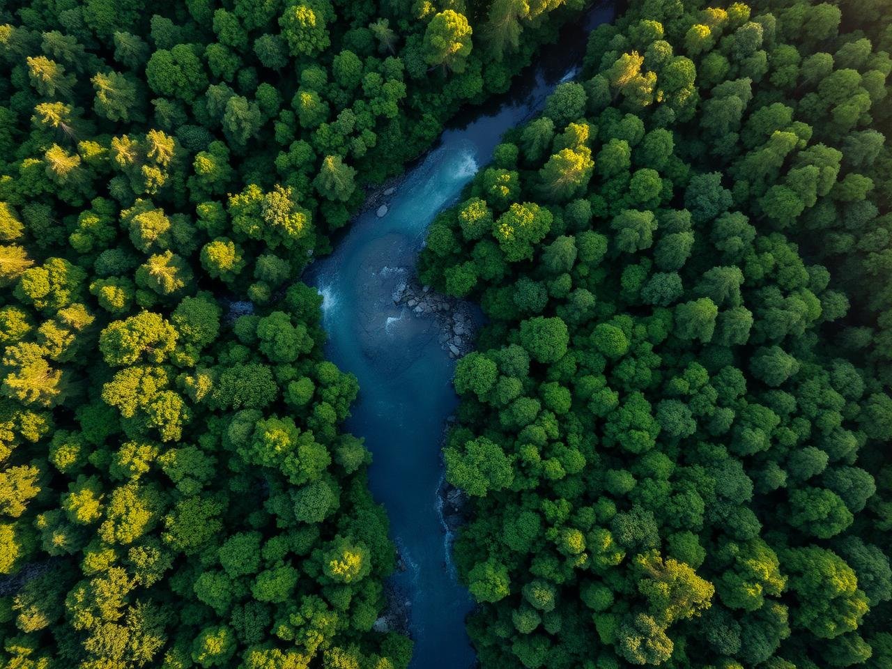 Aerial view of a clean river winding through dense rainforest