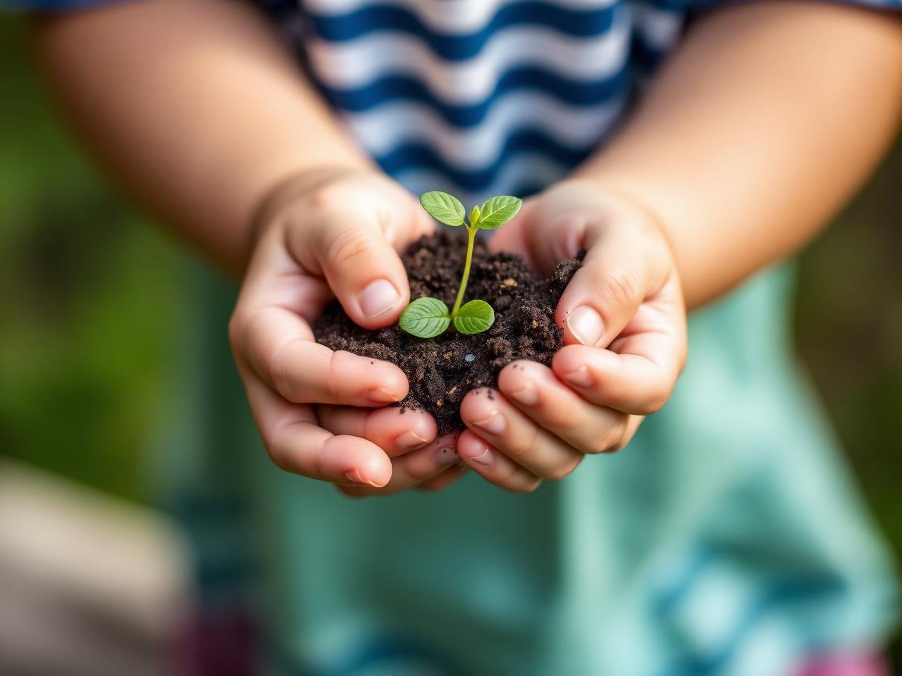 A child's hands cradling soil with a young green seedling