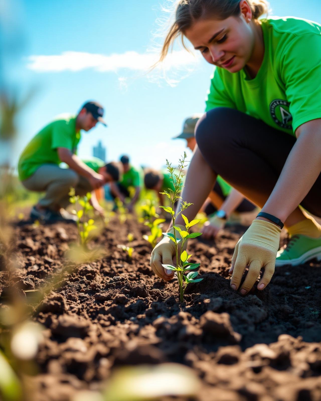 Volunteers in green shirts planting saplings in freshly turned soil