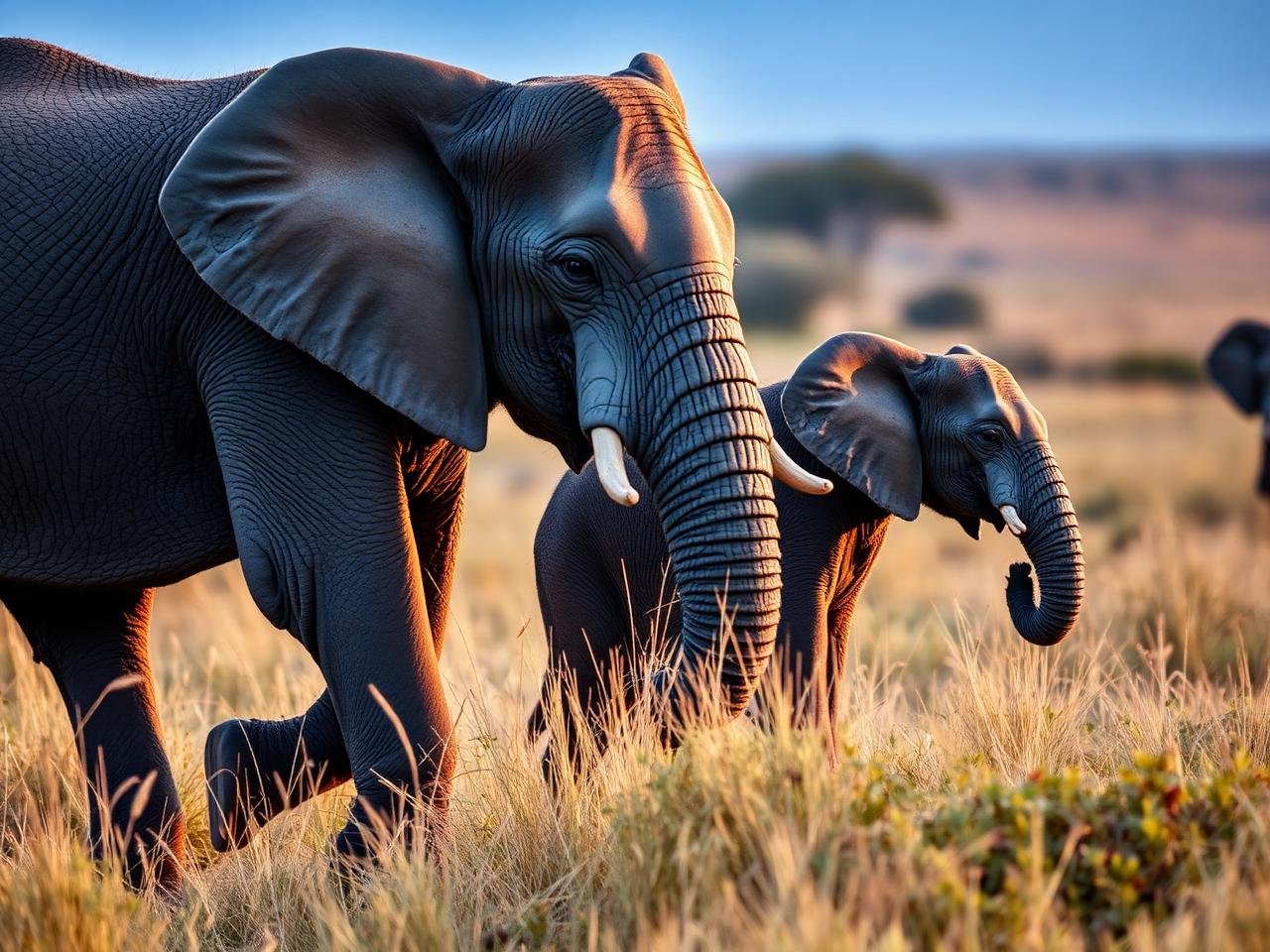 An elephant and her calf walking through savanna grass at dawn
